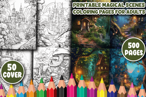 500 Printable Magical Scenes Color Pages for Adults