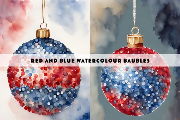 Blue & Red Christmas Baubles Watercolour: Festive Digital Art