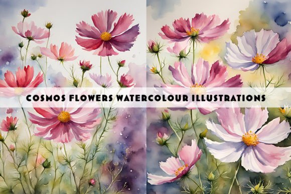 Cosmos Flowers Watercolour Duo: A Botanical Design Asset