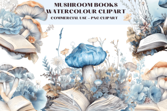 Mushroom Books Watercolour Clipart: Nature-Inspired Design Assets